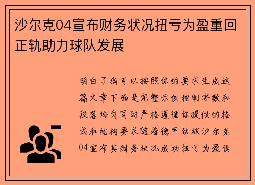 沙尔克04宣布财务状况扭亏为盈重回正轨助力球队发展