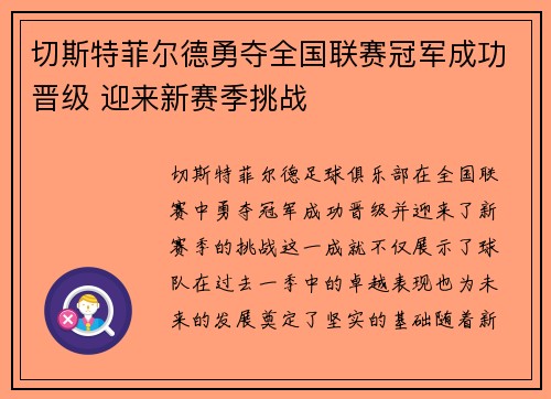 切斯特菲尔德勇夺全国联赛冠军成功晋级 迎来新赛季挑战 切斯特菲尔德勇夺全国联赛冠军成功晋级 迎来新赛季挑战